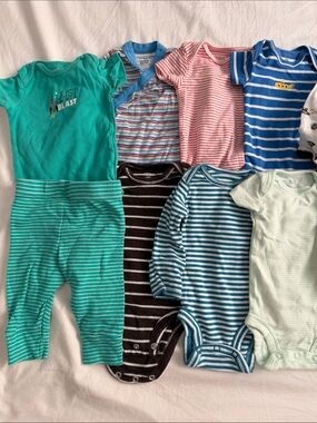 Carter's Teal, Blue, Pink & Brown Striped Baby Bodysuit Set